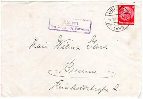 DR 1938, Landpost Stpl. MOLZEN über Uelzen (Bz. Hannover) auf Brief m. 12 Pfg. 