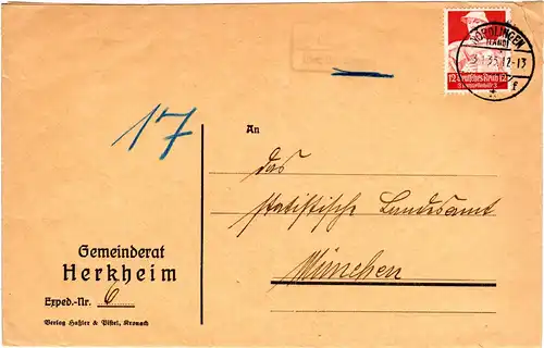 1935, Landpost Stpl. HERKHEIM über Nördlingen auf Gemeinderats Brief m. 12 Pf.