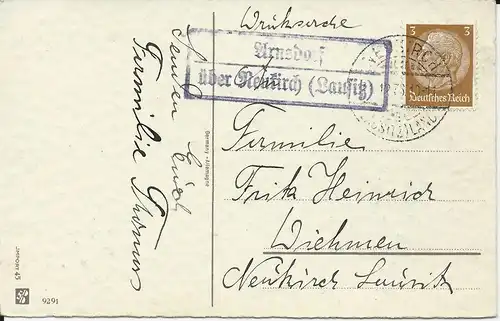 DR 1940, Landpost Stpl. Arnsdorf über Neukirch Lausitz auf  Karte m. 3 Pf 