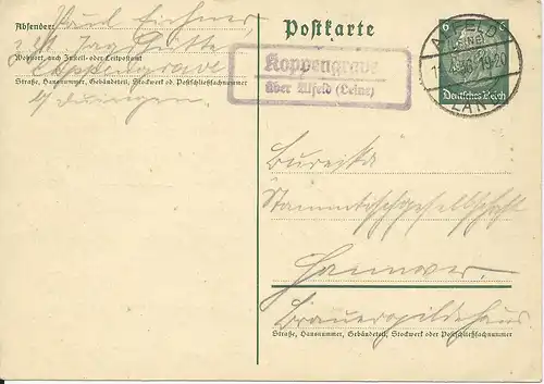 DR 1936, Koppengrave über Alfeld (Leine), Landpost Stempel auf 6 Pf. Ganzsache