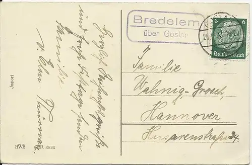 DR 1938, Bredelem über Goslar, Landpost Stempel auf Weihnachten AK m. 6 Pf.