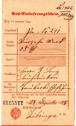 DR 1887, nachverwendeter Baden-L1 BRENNET auf Postschein f. Wertbrief.