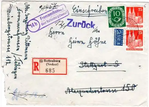 BRD 1952, Landpoststempel 14b FROMMENHAUSEN über Rottenburg auf Reko Brief 