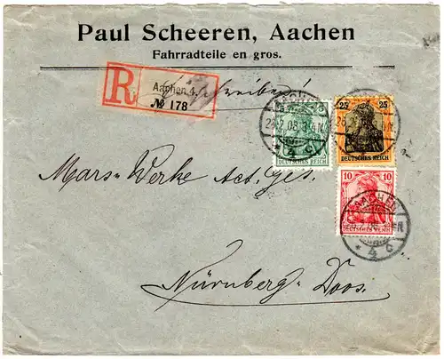 DR 1908, 5+10+25 Pf. Germania auf Fahrrad Firmen Einschreiben Brief v. Aachen