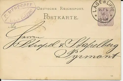 DR 1886, Klaucke Nr.87 LAGE IN LIPPE auf 5 Pf. Ganzsache 
