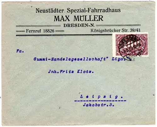 DR 1923, 100 Mk. auf Brief v. Dresden. Neustädter Fahrradhaus M. Müller.