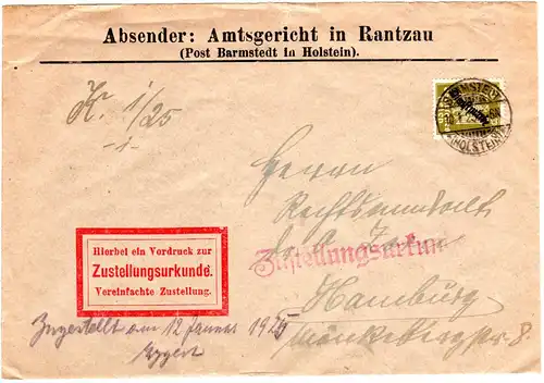 DR 1925, Zustellungsurkunde Brief v. Amtsgericht Rantzau Post Barmstedt Brief