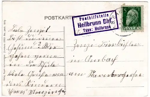 Bayern 1911, Posthilfstelle HEILBRUNN BHF Taxe Heilbrunn klar auf Karte m. 5 Pf.