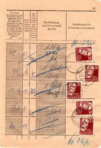 DDR 1950, 5x20 Pf. f. Gebühren auf Seite eines Posteinlieferungsheftes v. Loitz