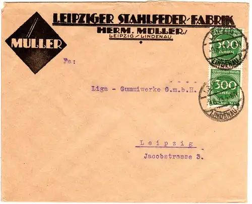 DR 1923, MeF 2x300 Mk. auf Firmen Orts-Brief (21-100 Gramm) v. Leipzig-Lindenau