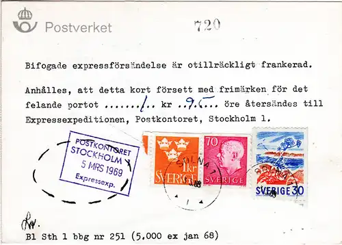 Schweden 1969, 30+70 öre+1 Kr. auf Postformular betr. fehlendes Express Porto 