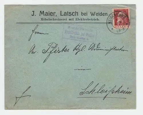 Bayern 1913, Posthilfstelle Neunkirchen bei Weiden auf Brief m. 10 Pf. v. Latsch