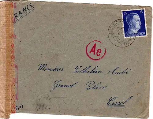 DR 1943, 25 Pf. auf Fremdarbeiter Lager Brief v. Mutschau b. Zeitz n. Frankreich