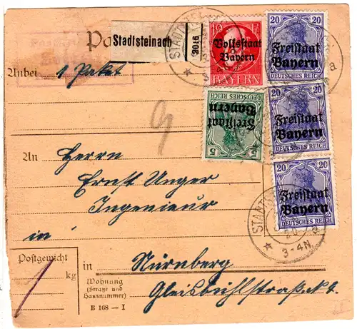 Bayern 1920, Posthilfstelle ZETTLITZ Taxe Stadtsteinach auf Paketkarte.