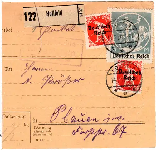 Bayern 1920, Posthilfstelle KRÖGELSTEIN Taxe Wonsees auf Paketkarte. Geprüft