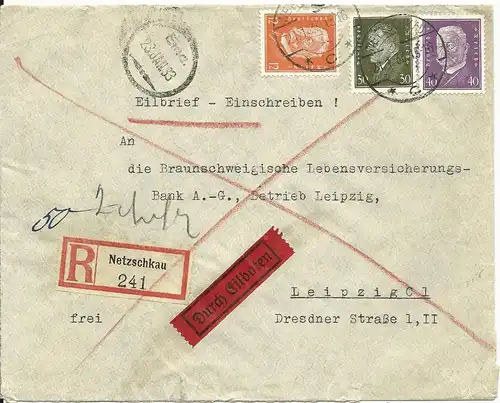 DR 1933, 12+30+40 Pf. auf Einschreiben Eilboten Brief v. Netzschkau. Frankatur!!
