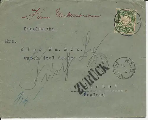 Bayern 1897, 5 Pf. auf Brief v Fürth n. Bristol GB m. diversen Retour Stempeln