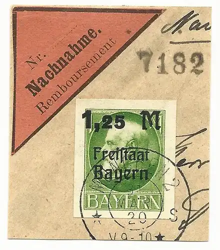 Bayern 174B, ungez. 1,25/1 Mk. auf schönem Briefstück v. München. Geprüft.