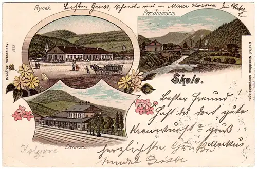 Österreich Ukraine, Skole m. Bahnhof, 1900 gebr. Litho-AK
