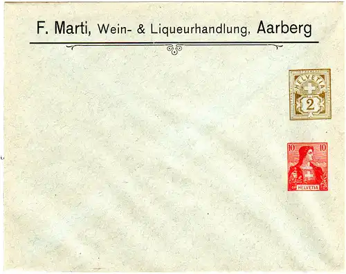 Schweiz, 2+10 C. Privatganzsachenumschlag F. Marti, Wein & Liqueur, Aarberg