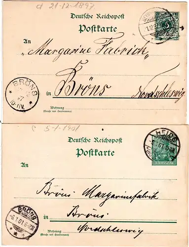 DR 1897/1901, 2 Karten v. Heide u. Neumünster m. versch. BRÖNS Ankunftstempeln