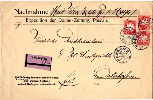 Bayern 1904, 3x10 Pf. auf Nachnahme Brief der Donau Zeitung Passau n. Osterhofen