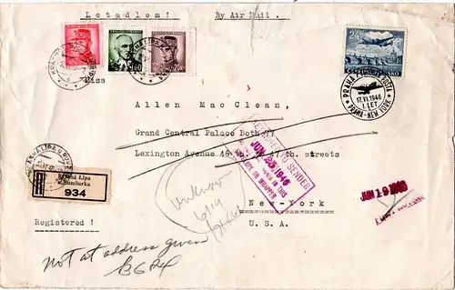 Tschechoslowakei 1946, 4 Marken auf Reko Erstflug Brief v. Krasna Lipa n. USA