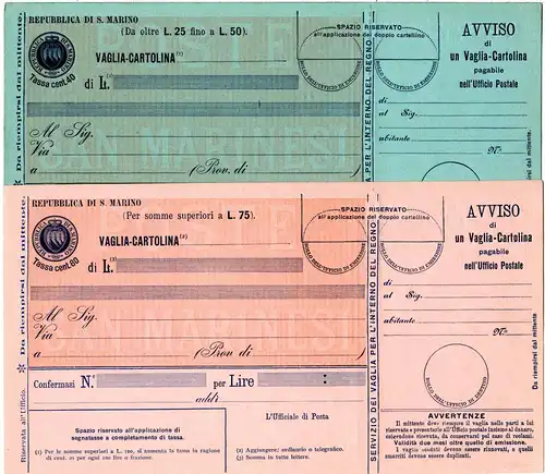 San Marino A 14 u. 16, je ungebr. 40 u. 80 C. Postanweisung Ganzsachen