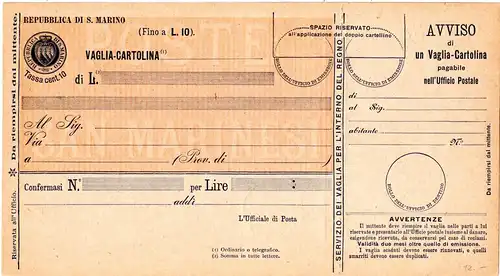 San Marino A12, ungebr. 10 C. Postanweisung Ganzsache