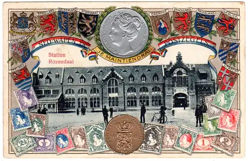 NL, Station Rozendaal m. Personen, 1909 gebr. Wappen- u. Briefmarken Präge-AK 