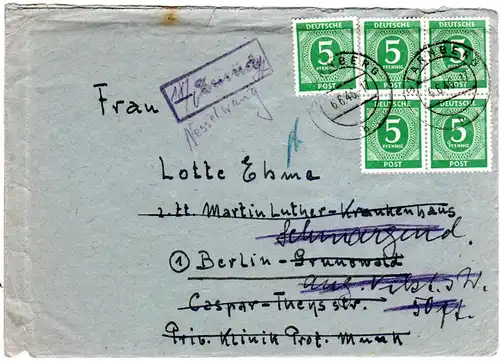 1946, 5x5 Pf. (dabei 4er-Block) auf Retour Brief v. Starnberg n. Berlin