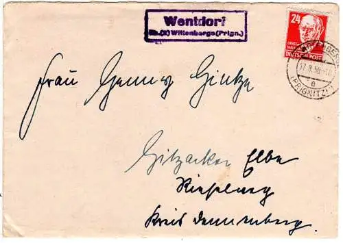 DDR 1950, Landpost Stpl. WENTDORF über Wittenberge auf Brief m. 24 Pf.