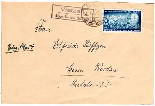 DDR 1954, Landpost Stpl. VIETZEN über Kalbe auf Brief m. 24 Pf.