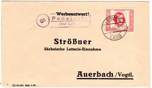 DDR 1952, Landpost Stpl. 10 PODELWITZ über Leinig (PLZ!!) auf Brief m. 24 Pf.