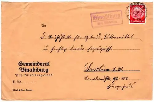DR 1935, Landpoststempel BINABIBURG über Vilsbiburg auf Gemeinde Brief m. 12 Pf.