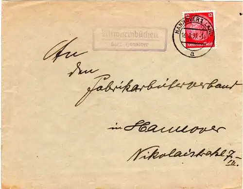 DR 1933, Landpoststempel ALTWARMBÜCHEN über Hannover auf Brief m. 12 Pf. 