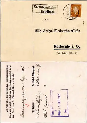 DR 1931, Landpoststempel KREENHEINSTETTEN über Hausen auf Karte m. 3 Pf. 