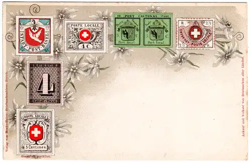 Schweiz, alte Marken, ungebr. Litho Karte m. Klassik Briefmarken