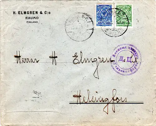 Finnland / Russland Währungs Mischfrankatur, Zensur Brief m. 20 Penni+2 Kop.