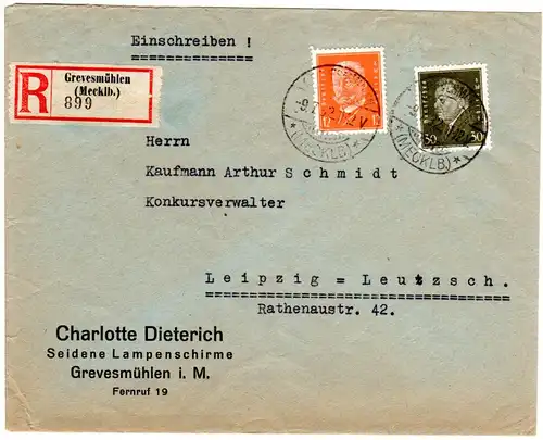 DR 1932, 12+30 Pf. auf Firmen Einschreiben Brief v. Grevesmühlen  n. Leipzig.