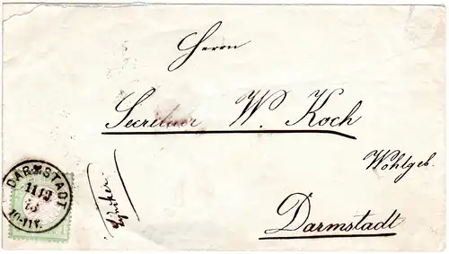 DR 1873, EF 1 Kr. gr. Brustschlid auf Orts Brief m. klarem K1 Darmstadt