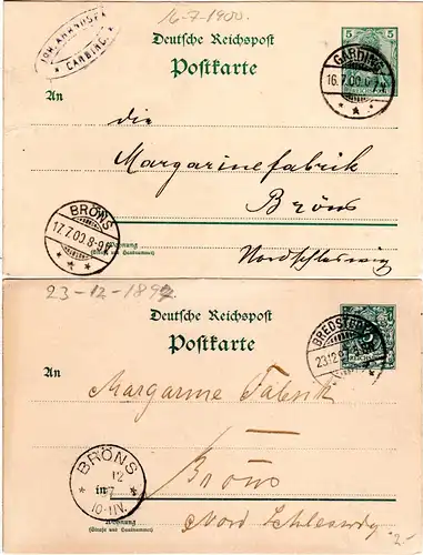 DR 1897/1900, 2 Karten v. Bredstedt u. Garding m. versch. BRÖNS Ankunftstempeln