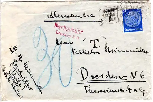 DR 1935, L2 Nachgebühr Dresden N8 auf Monte Pascal Schiffspost Brief m. 25 Pf.