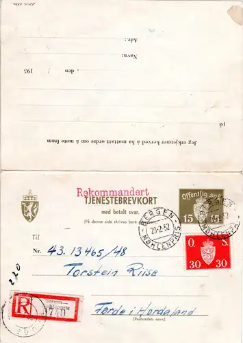 Norwegen 1952, 15 öre Dienst Doppelkarte per Einschreiben v. Bergen-Mohlenpris