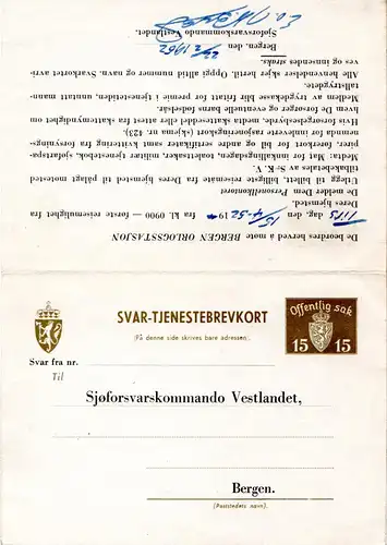 Norwegen 1952, 15 öre Dienst Doppelkarte per Einschreiben v. Bergen-Mohlenpris