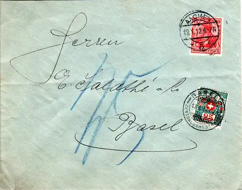 DR 1912, 10 Pf. Germania auf Brief v. Aachen m. Schweiz 25 C. Portomarke