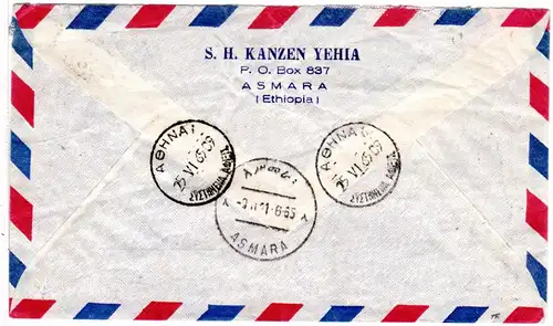 Äthiopien 1965, 20+75 C. auf Reko Luftpost Brief v. Asmara i.d. Tschechoslowakei