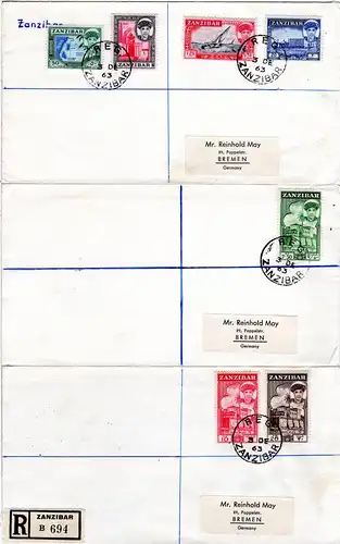 Zanzibar 1963, kpl. Ausgabe Landesmotive, alle 16 Werte auf 6 Briefen