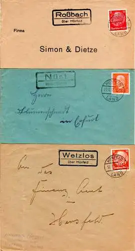 DR 1933, 3 Landpoststempel Roßbach, Nüst, Wetzlos...über Hünfeld auf 3 Belegen