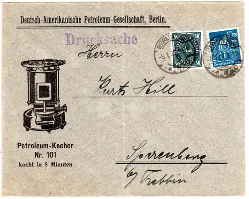 DR 1923, 10+50 Mk. auf Drucksache Brief v. Berlin m. Abb. Pertoleum Kocher